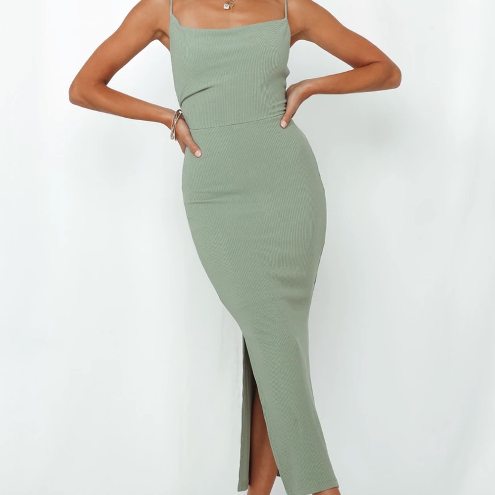 HELLO MOLLY Sage Green Ribbed Midi Dress
